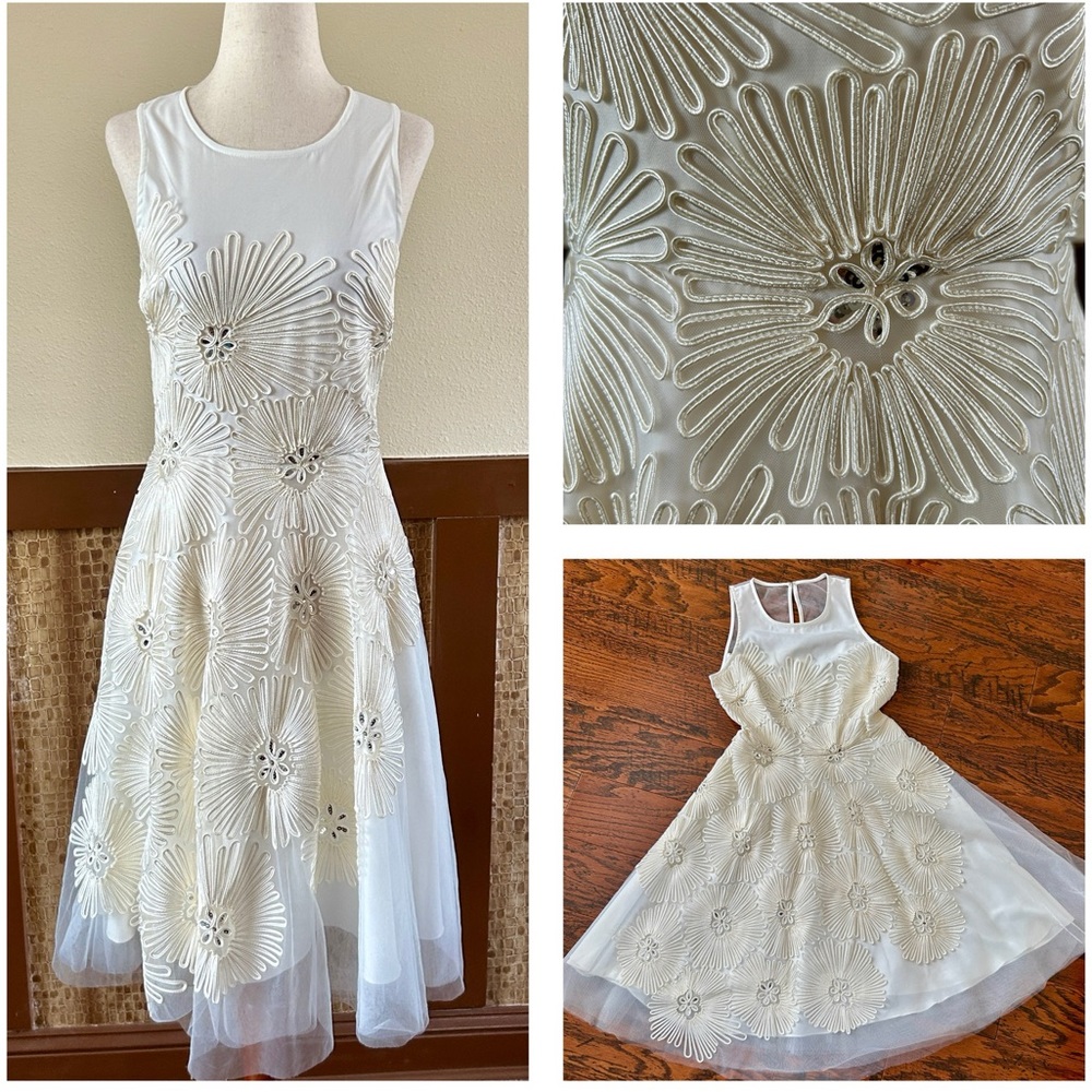 Belle x Badgley Mischka Ornate Fit-and-Flare Tulle Overlay Dress in White Size 6